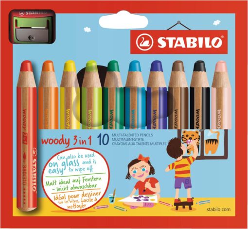 STABILO WOODY 3 EN 1 ETUI 10 CRAYONS DE COULEUR ENFANTS + TAILLE CRAYONS
