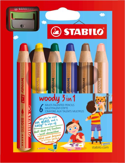 STABILO WOODY 3 EN 1 PAR 6 +TAILLE CRAYONS CRAYONS DE COULEUR ENFANTS