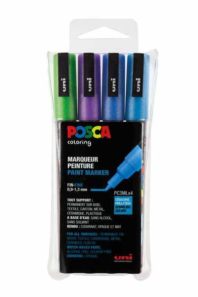 POSCA SET 4 MARQUEURS PC3M PAILLETTES FROIDES BLEU CLAIR, BLEU FONCE, VERT FONCE,VIOLET
