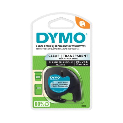 LETRATAG PLASTIQUE TRANSP 4M 12MM - ETIQUETTE DYMO - ECRITURE NOIRE FOND TRANSPA