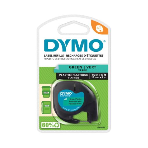 LETRATAG PLASTIQUE VERT 4M 12MM - ETIQUETTE DYMO - ECRITURE NOIRE FOND VERT