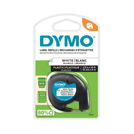 LETRATAG PLASTIQUE BLANC 4M 12MM - ETIQUETTE DYMO - ECRITURE NOIRE FOND BLANC